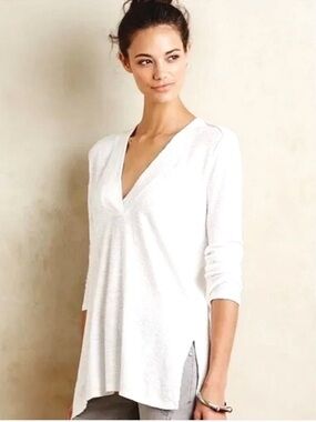 Anthropologie Sol Angeles Size Large Long Sleeve V Neck Tunic in White